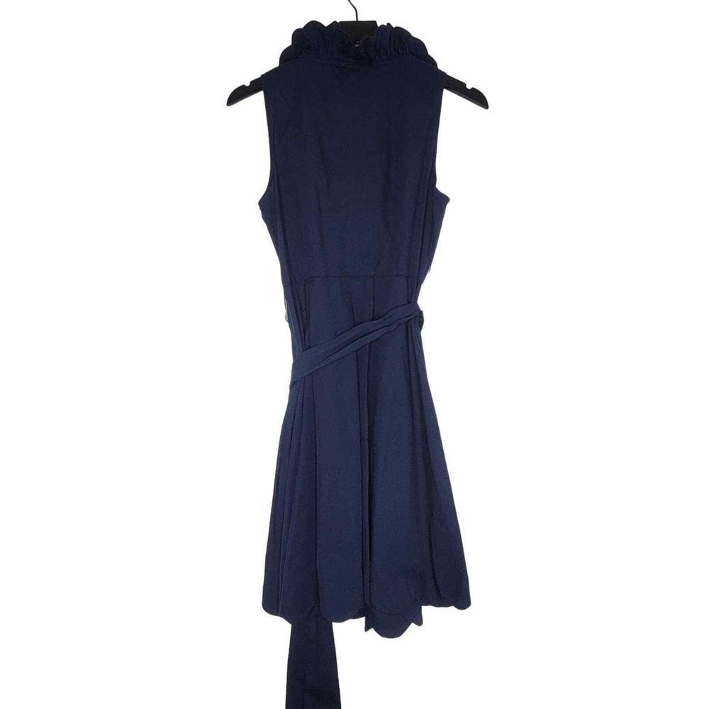 Crown & Ivy Navy Blue Sleeveless Dress Ruffle Neck Belted VNeck Classic Preppy S - Picture 3 of 11